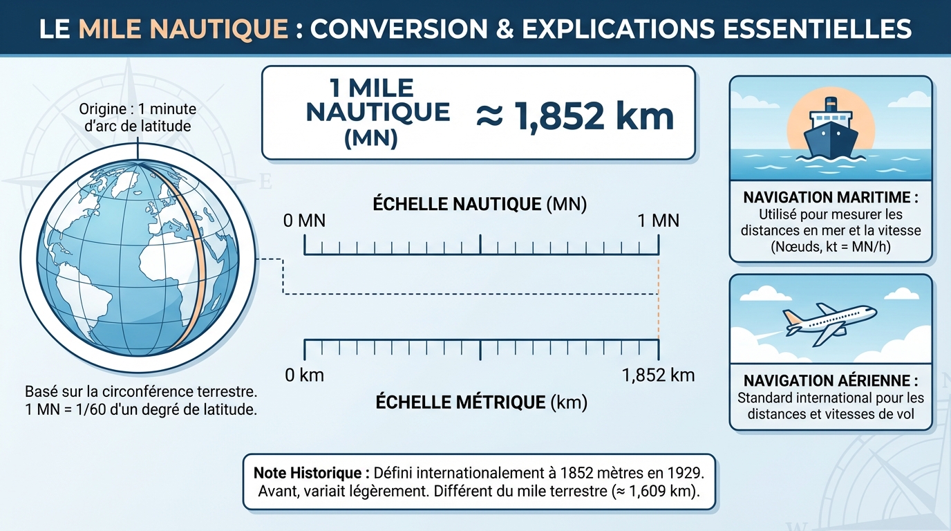 Comment convertir 1 mile nautique en km ?